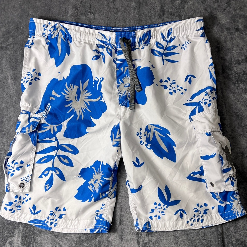 US Polo Assn Mens Floral Board Shorts Blue White Hibiscus Swim Trunks Large